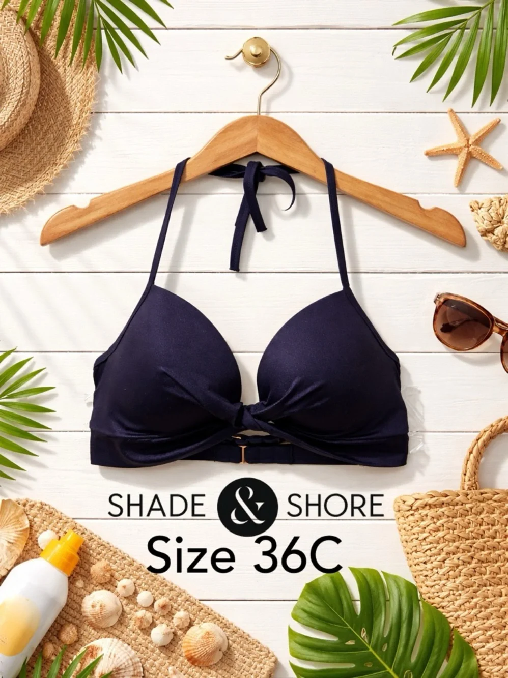 👙🌺🌴 Shade & Shore Navy Underwire Bikini Top 36C | Push Up Knot Front Swim Top